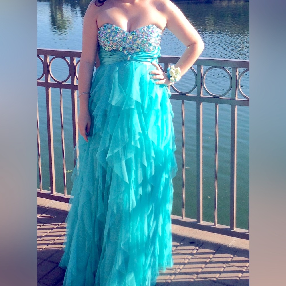 Aqua ruffle strapless prom dress